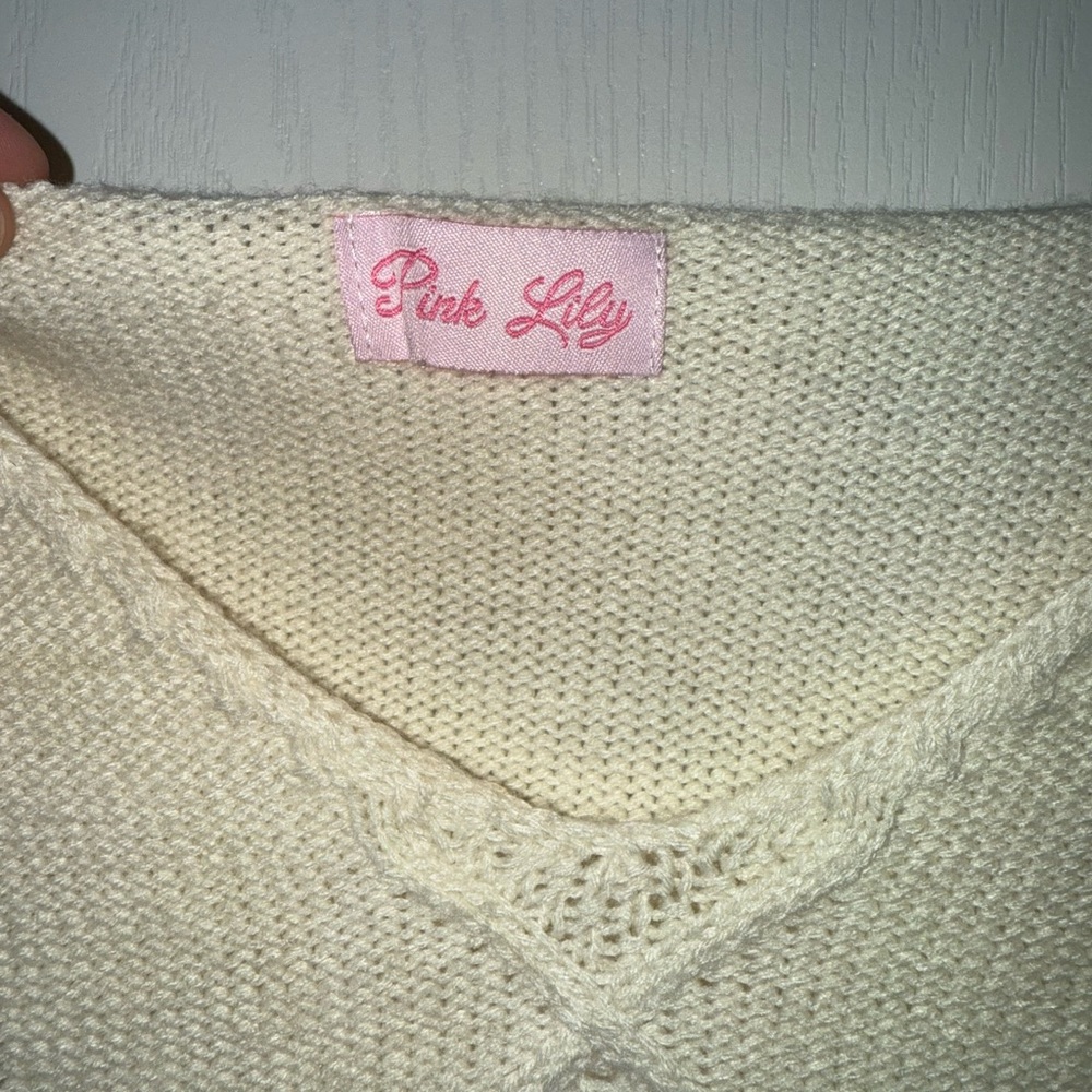 Pink Lily Cream Cable Knit Fringe Scoop Neck Sweater - Picture 3 of 6